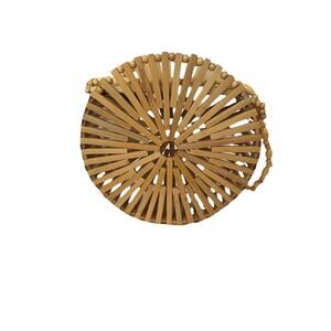 Handmade Bamboo Open Slats Round Cylinder Purse 8in Diameter With Shoulder Strap